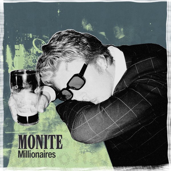 Millionaires single artwork — a man in a checked suit slumped over a pint
